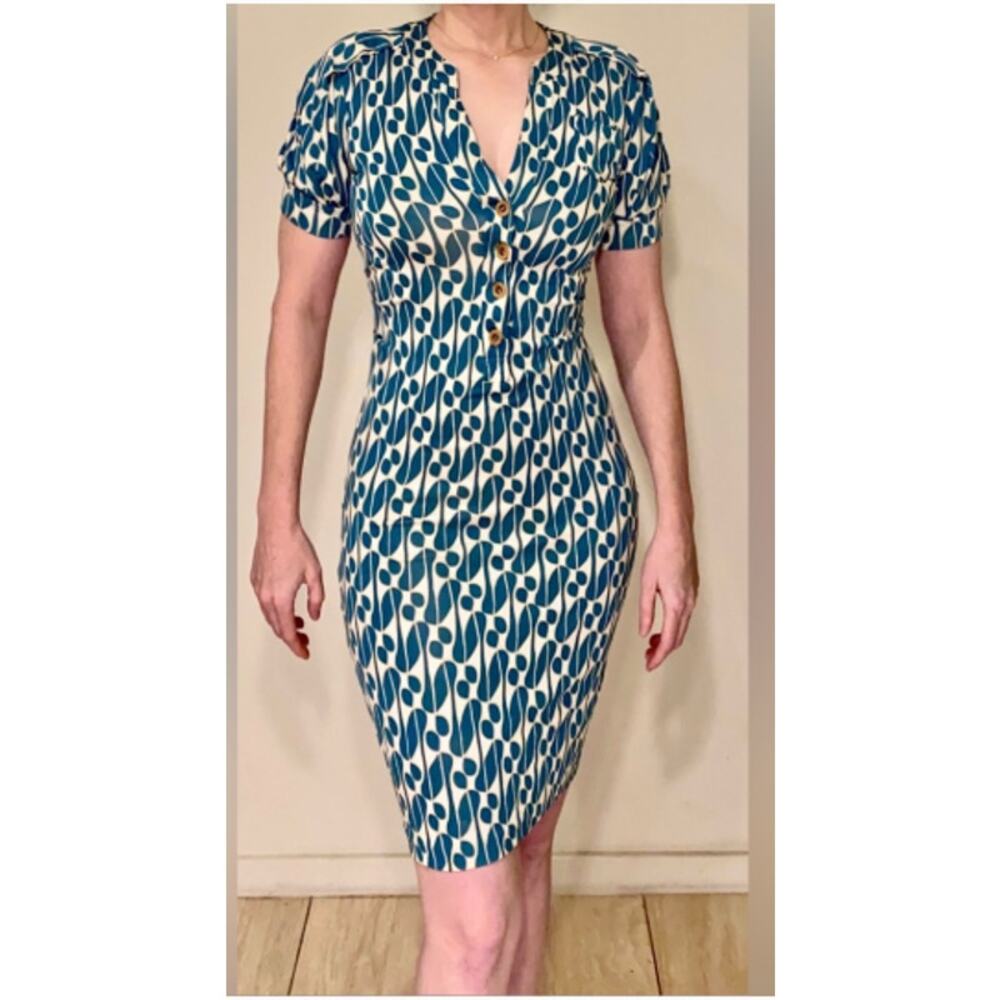 Diane Von Furstenberg Silk Dress Short Sleeve Geometric Print Teal 4